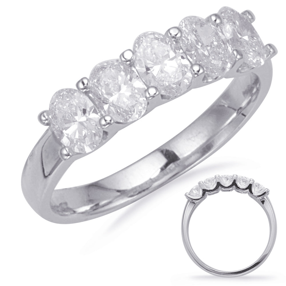 This Band is available in 14K White Gold. There are a total of 5 stones. There are Oval with a total carat weight of 0.9 set in a Prong Set|Shared Prongs setting.