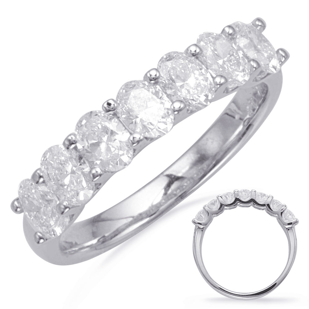 This Band is available in 14K White Gold. There are a total of 7 stones. There are Oval with a total carat weight of 1.7 set in a Prong Set|Shared Prongs setting.