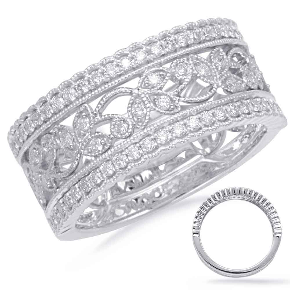 This Fashion Ring is available in 14K White Gold. There are a total of 73 stones. There are Rounds with a total carat weight of 0.41 set in a Bezel Set|Micro Prong setting.