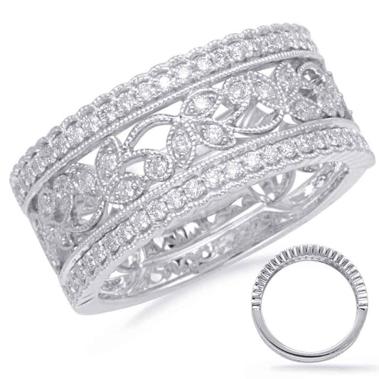 This Fashion Ring is available in 14K White Gold. There are a total of 73 stones. There are Rounds with a total carat weight of 0.41 set in a Bezel Set|Micro Prong setting.