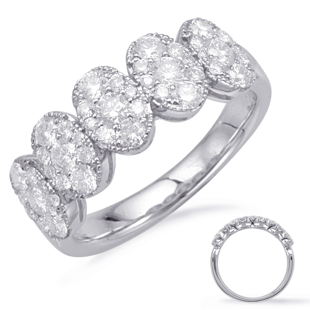 This Fashion Ring is available in 14K White Gold. There are a total of 45 stones. There are Rounds with a total carat weight of 1.03 set in a Micro Prong setting.