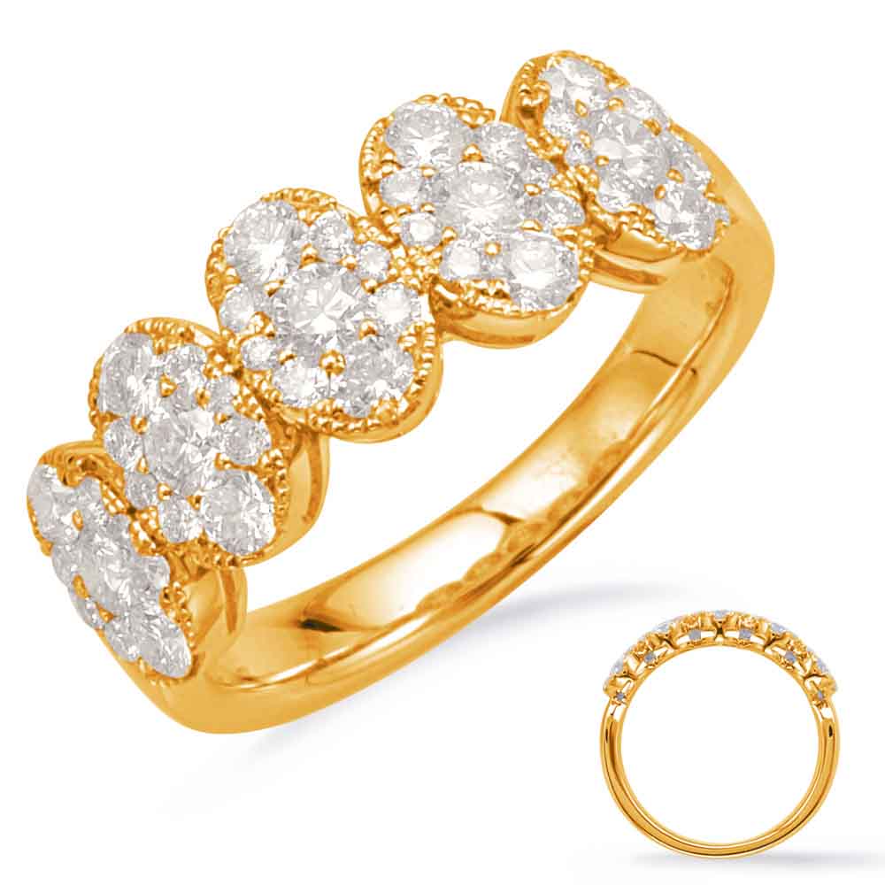 This Fashion Ring is available in 14K Yellow Gold. There are a total of 45 stones. There are Rounds with a total carat weight of 1.03 set in a Micro Prong setting.