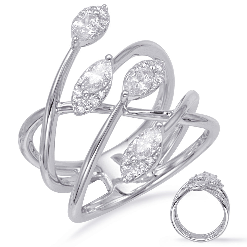 This Fashion Ring is available in 14K White Gold. There are a total of 24 stones. There are Marquise with a total carat weight of 0.56 set in a Micro Prong|Prong Set setting.There are Rounds stones with a total carat weight of 0.16 set in a Micro Prong|Prong Set.