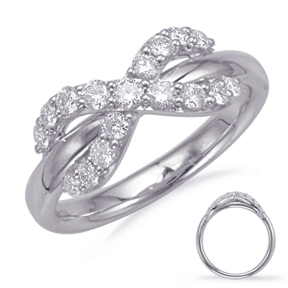 This Fashion Ring is available in 14K White Gold. There are a total of 17 stones. There are Rounds with a total carat weight of 0.51 set in a Prong Set|Shared Prongs setting.