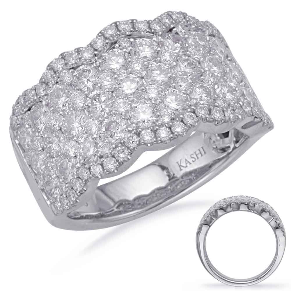 This Fashion Ring is available in 14K White Gold. There are a total of 106 stones. There are Rounds with a total carat weight of 2.61 set in a Micro Prong|Prong Set setting.