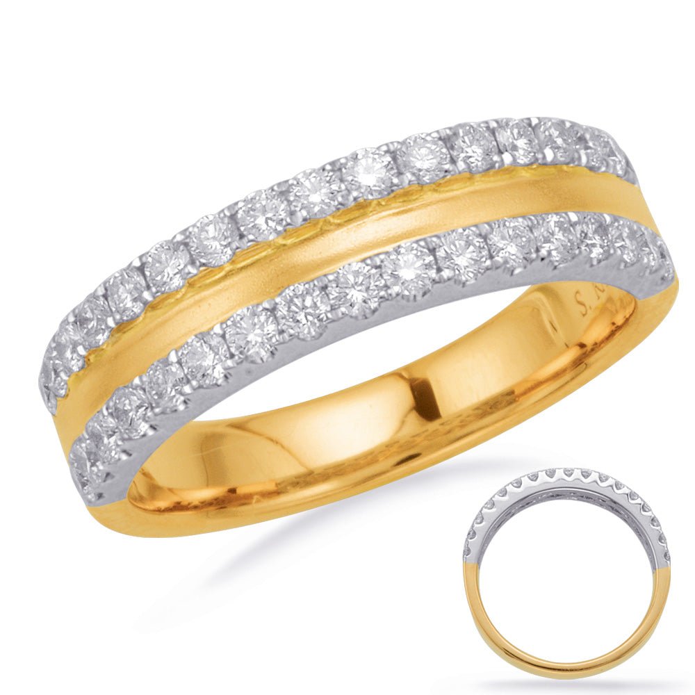 This Fashion Ring is available in 14K Yellow & White Gold. There are a total of 34 stones. There are Rounds with a total carat weight of 0.62 set in a Micro Prong setting.