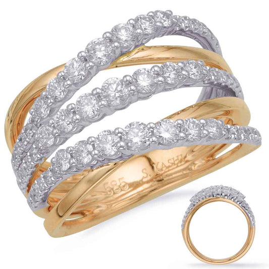 This Fashion Ring is available in 14K Yellow & White Gold. There are a total of 57 stones. There are Rounds with a total carat weight of 1.04 set in a Micro Prong|Prong Set|Shared Prongs setting.