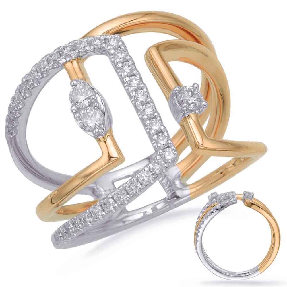 This Fashion Ring is available in 14K Yellow & White Gold. There are a total of 34 stones. There are Rounds with a total carat weight of 0.38 set in a Micro Prong|Prong Set setting.