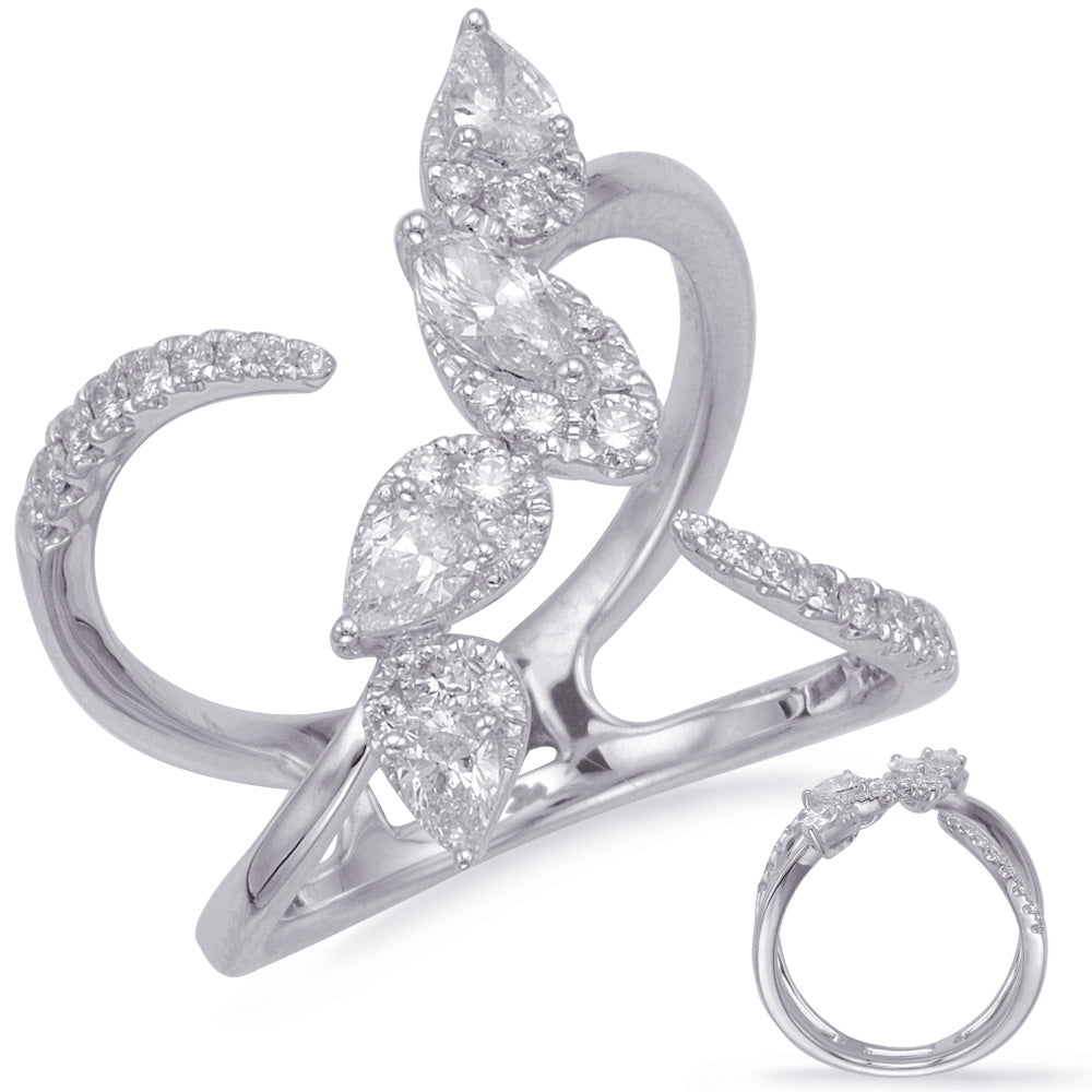 This Fashion Ring is available in 14K White Gold. There are a total of 36 stones. There are Marquise with a total carat weight of 0.15 set in a Micro Prong|Prong Set setting.There are Pear Shape stones with a total carat weight of 0.35 set in a Micro Prong|Prong Set.