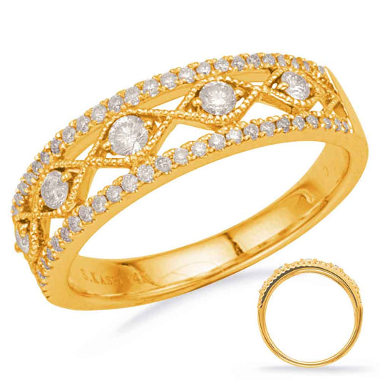 This Fashion Ring is available in 14K Yellow Gold. There are a total of 59 stones. There are Rounds with a total carat weight of 0.36 set in a Micro Prong|Prong Set setting.