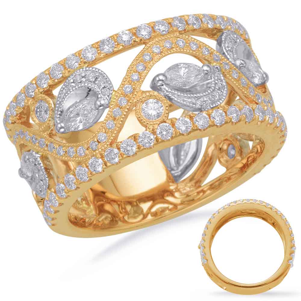This Fashion Ring is available in 14K Yellow & White Gold. There are a total of 134 stones. There are Marquise with a total carat weight of 0.38 set in a Bezel Set|Micro Prong|Prong Set setting.There are Rounds stones with a total carat weight of 0.88 set in a Bezel Set|Micro Prong|Prong Set.