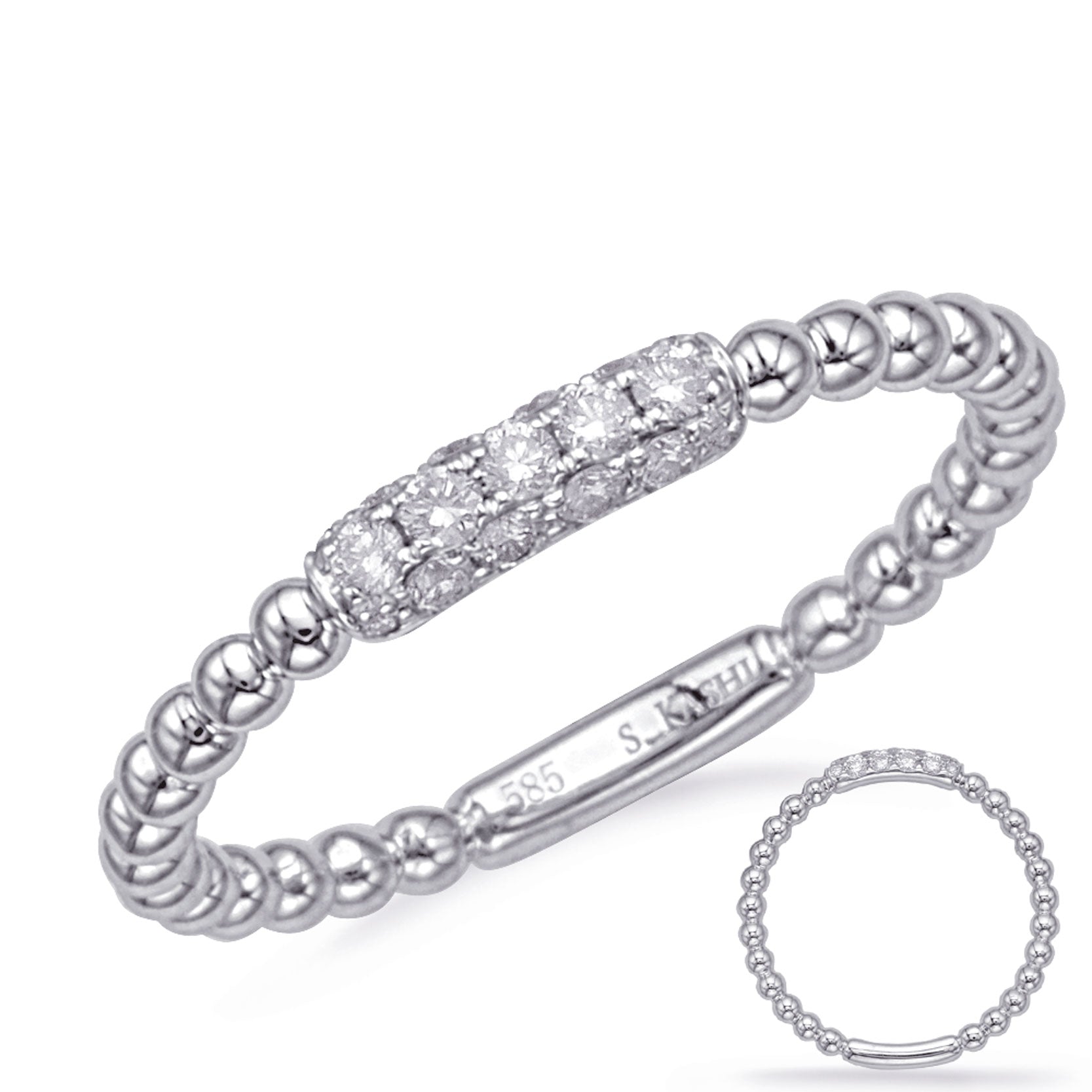 This Band is available in 14K White Gold. There are a total of 17 stones. There are Round with a total carat weight of 0.17 set in a Micro Prong setting.