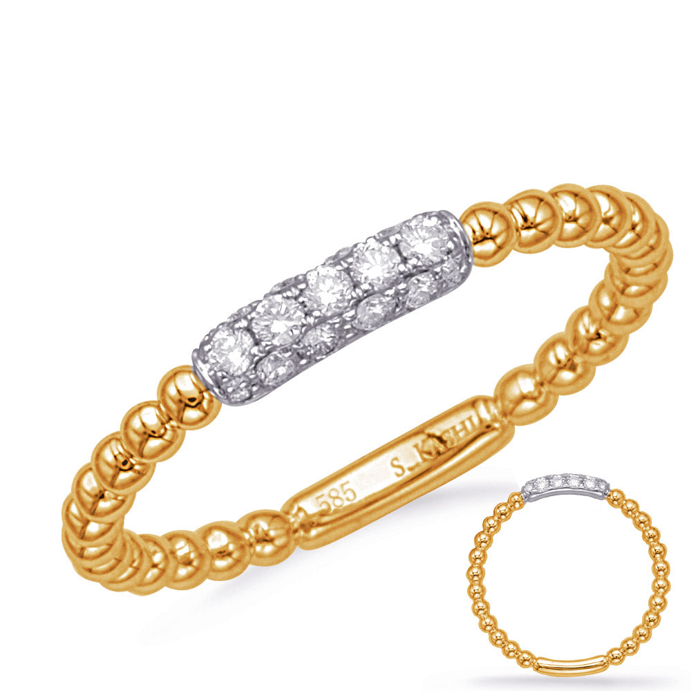This Band is available in 14K Yellow & White Gold. There are a total of 17 stones. There are Round with a total carat weight of 0.17 set in a Micro Prong setting.