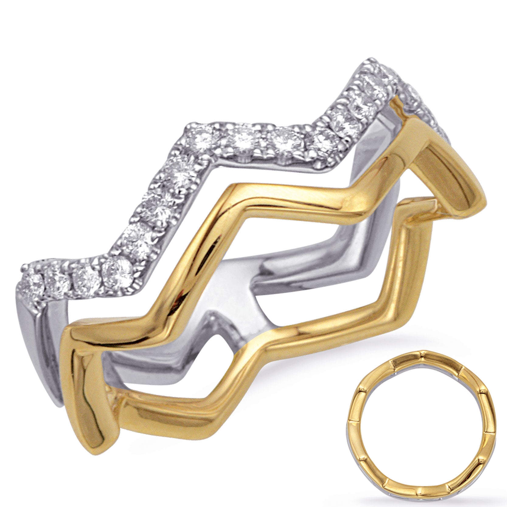 This Fashion Ring is available in 14K Yellow & White Gold. There are a total of 22 stones. There are Rounds with a total carat weight of 0.32 set in a Prong Set setting.