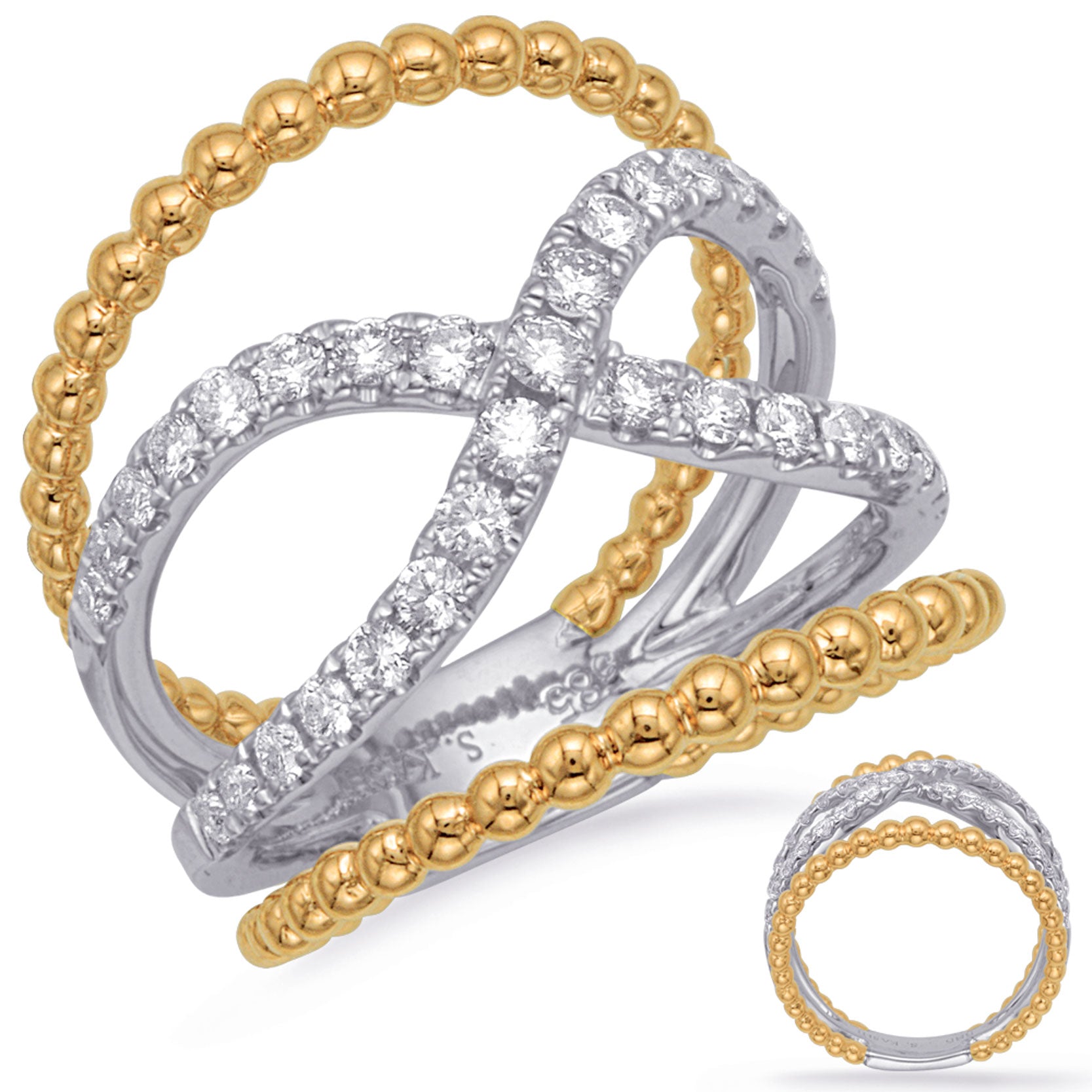 This Fashion Ring is available in 14K Yellow & White Gold. There are a total of 33 stones. There are Rounds with a total carat weight of 0.69 set in a Micro Prong setting.
