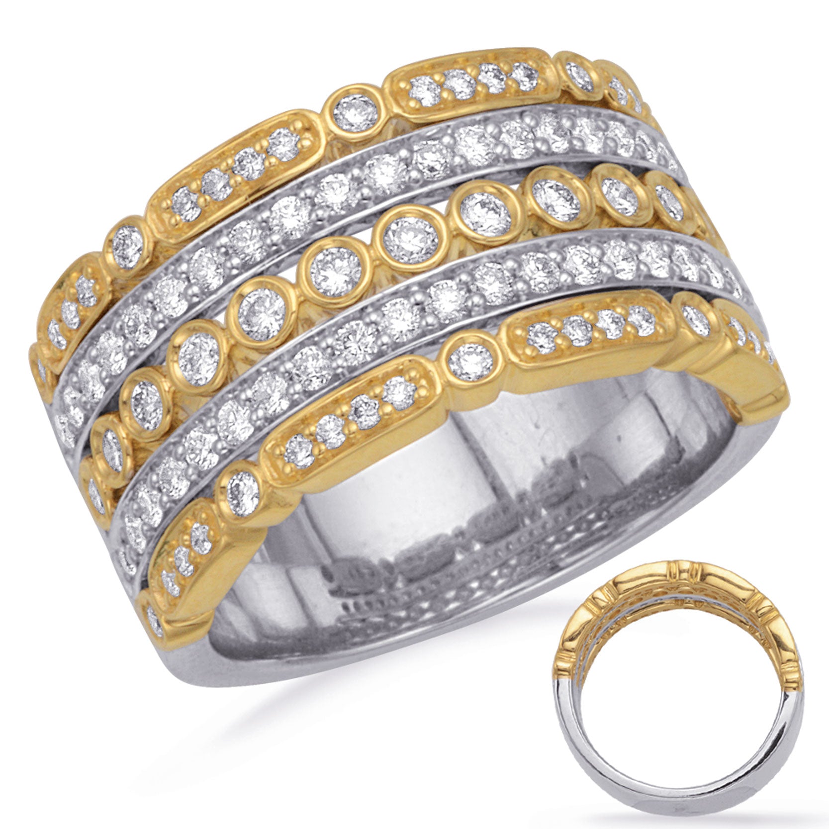 This Fashion Ring is available in 14K Yellow & White Gold. There are a total of 93 stones. There are Rounds with a total carat weight of 0.83 set in a Bezel Set|Micro Prong setting.