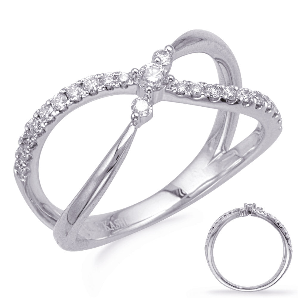 This Fashion Ring is available in 14K White Gold. There are a total of 23 stones. There are Rounds with a total carat weight of 0.3 set in a Micro Prong|Prong Set|Shared Prongs setting.