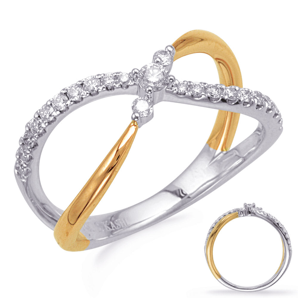 This Fashion Ring is available in 14K Yellow & White Gold. There are a total of 23 stones. There are Rounds with a total carat weight of 0.3 set in a Micro Prong|Prong Set|Shared Prongs setting.