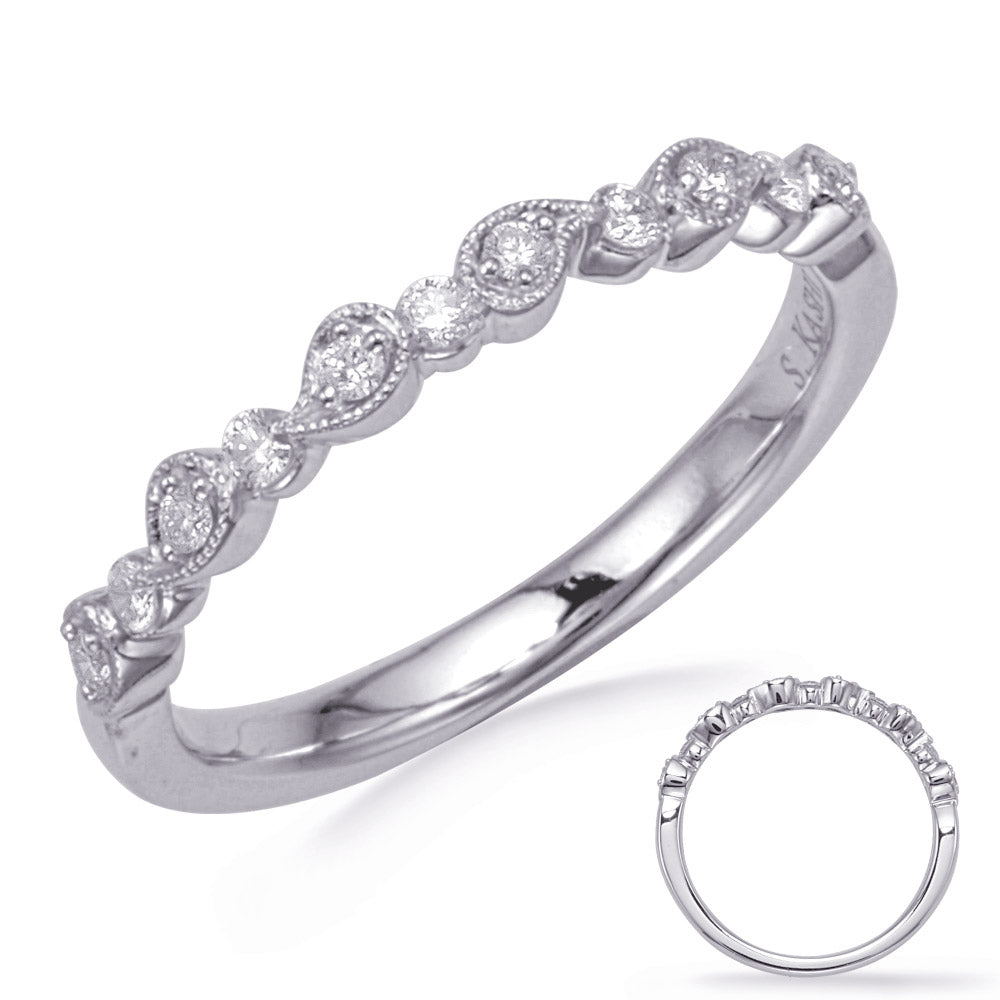 This Band is available in 14K White Gold. There are a total of 11 stones. There are Round with a total carat weight of 0.16 set in a Micro Prong|Prong Set setting.