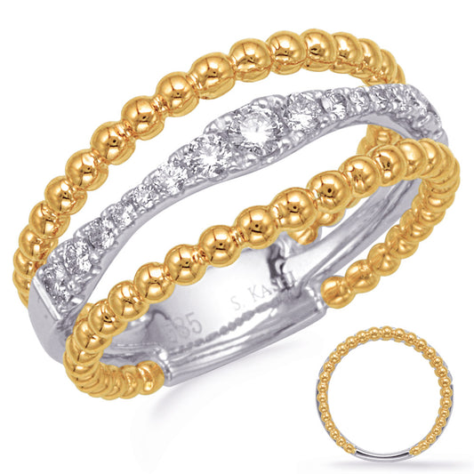 This Fashion Ring is available in 14K Yellow & White Gold. There are a total of 15 stones. There are Rounds with a total carat weight of 0.33 set in a Micro Prong setting.