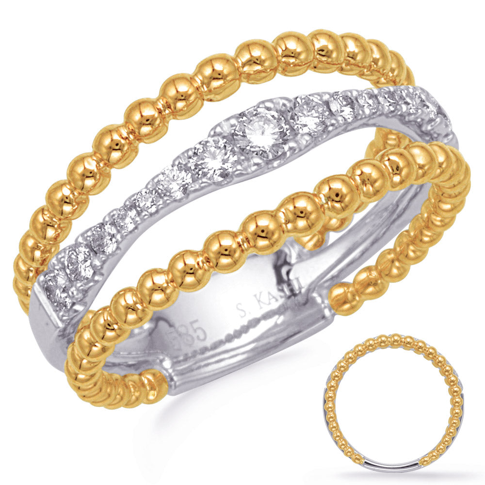 This Fashion Ring is available in 14K Yellow & White Gold. There are a total of 15 stones. There are Rounds with a total carat weight of 0.33 set in a Micro Prong setting.