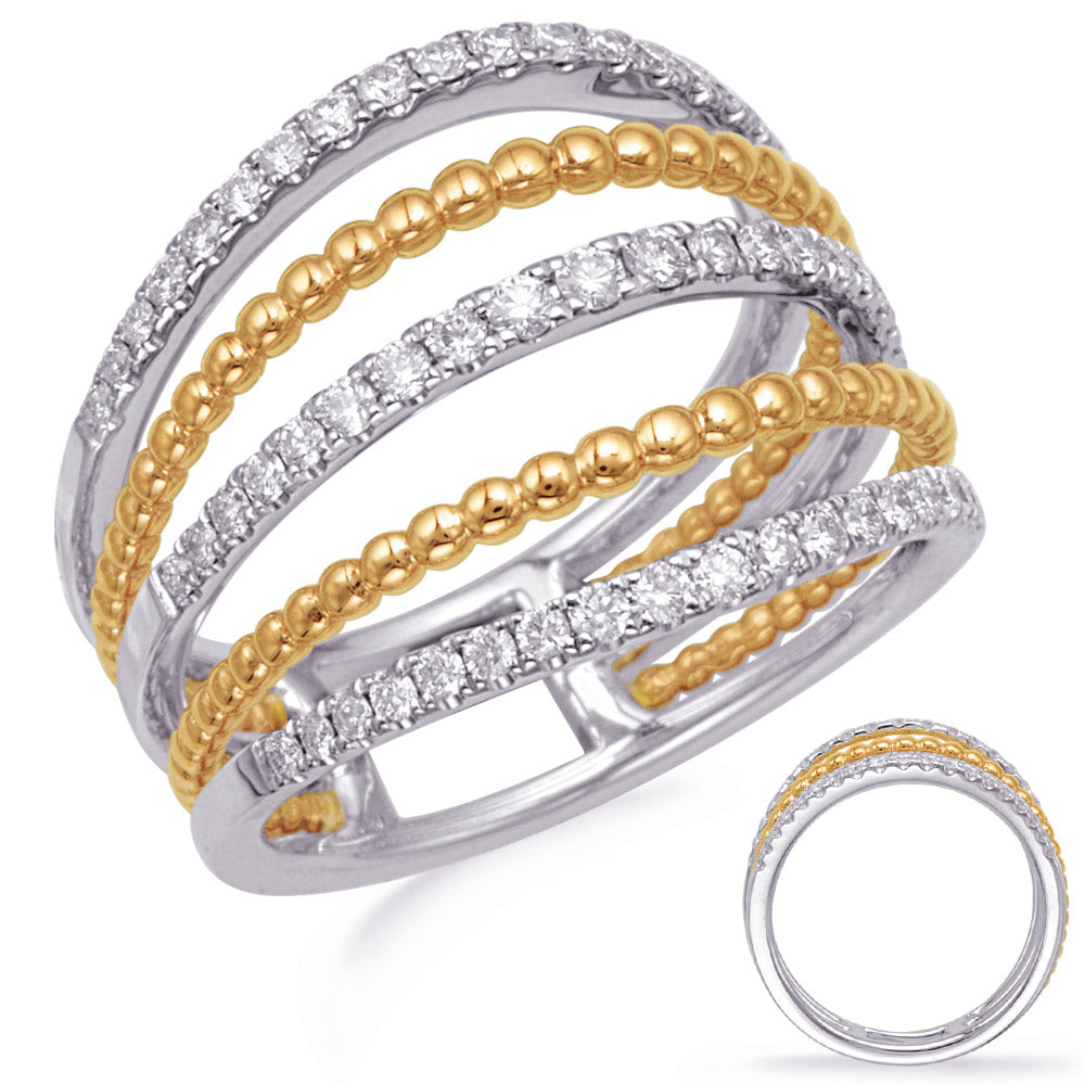 This Fashion Ring is available in 14K Yellow & White Gold. There are a total of 57 stones. There are Rounds with a total carat weight of 0.52 set in a Micro Prong setting.