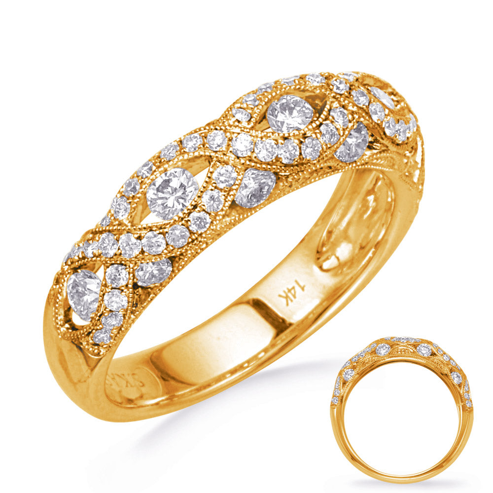 This Band is available in 14K Yellow Gold. There are a total of 67 stones. There are Round with a total carat weight of 0.95 set in a Channel Set|Micro Prong setting.
