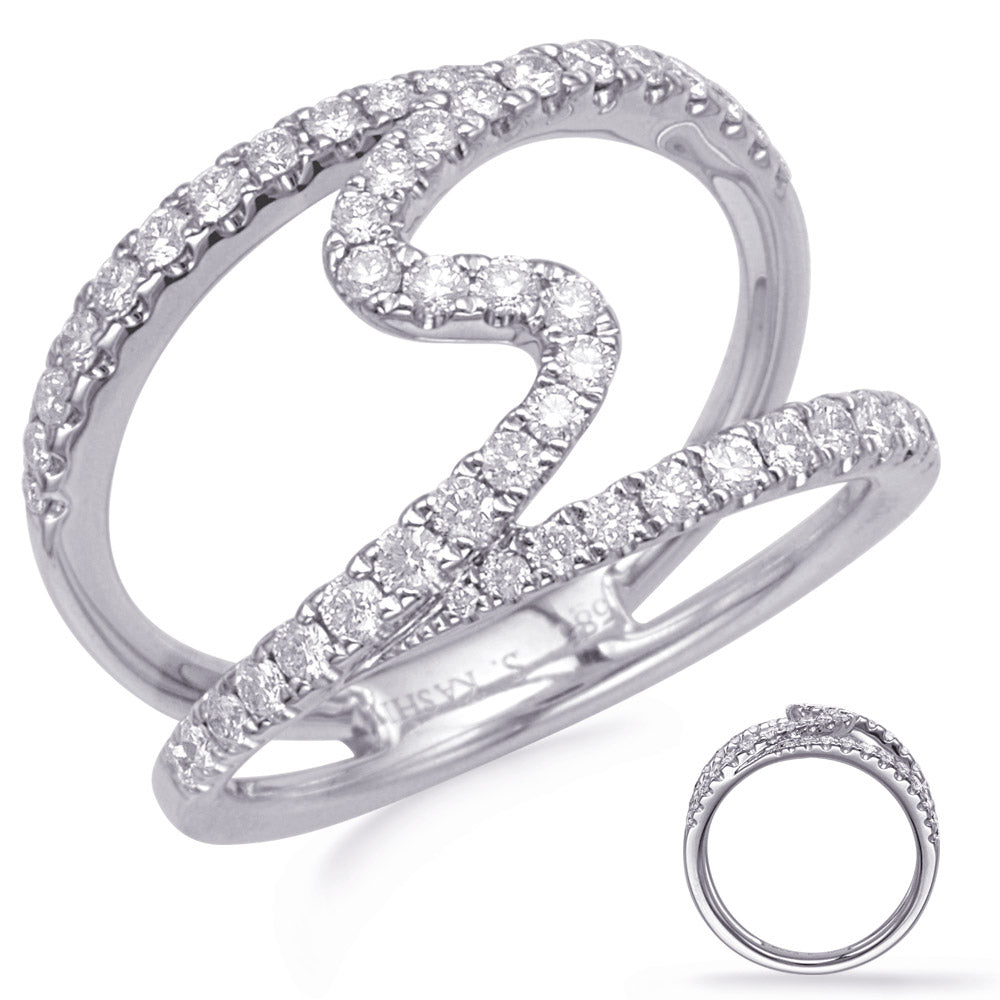 This Fashion Ring is available in 14K White Gold. There are a total of 50 stones. There are Rounds with a total carat weight of 0.6 set in a Micro Pave setting.