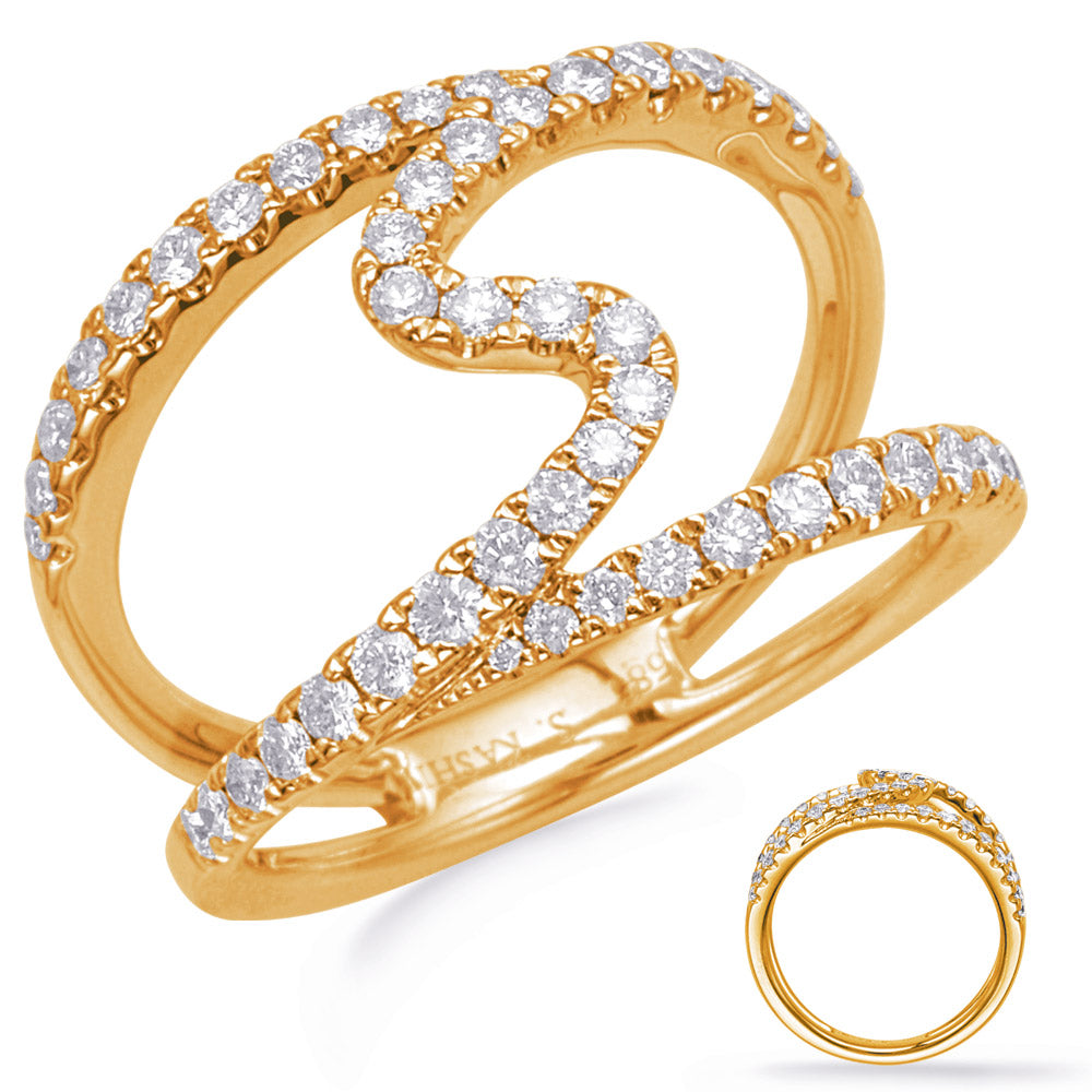 This Fashion Ring is available in 14K Yellow Gold. There are a total of 50 stones. There are Rounds with a total carat weight of 0.6 set in a Micro Pave setting.