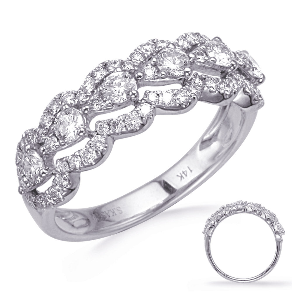 This Fashion Ring is available in 14K White Gold. There are a total of 67 stones. There are Rounds with a total carat weight of 0.9 set in a Micro Pave setting.