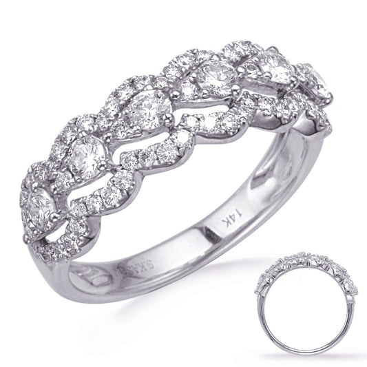 This Fashion Ring is available in 14K White Gold. There are a total of 67 stones. There are Rounds with a total carat weight of 0.9 set in a Micro Pave setting.