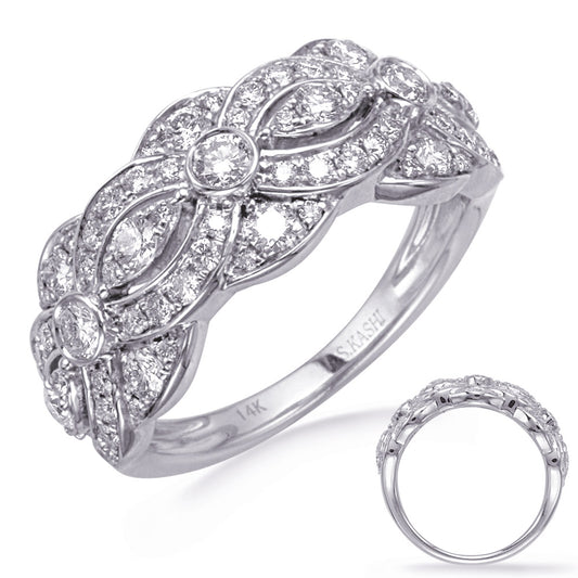 This Fashion Ring is available in 14K White Gold. There are a total of 69 stones. There are Rounds with a total carat weight of 1 set in a Bezel Set|Micro Pave setting.