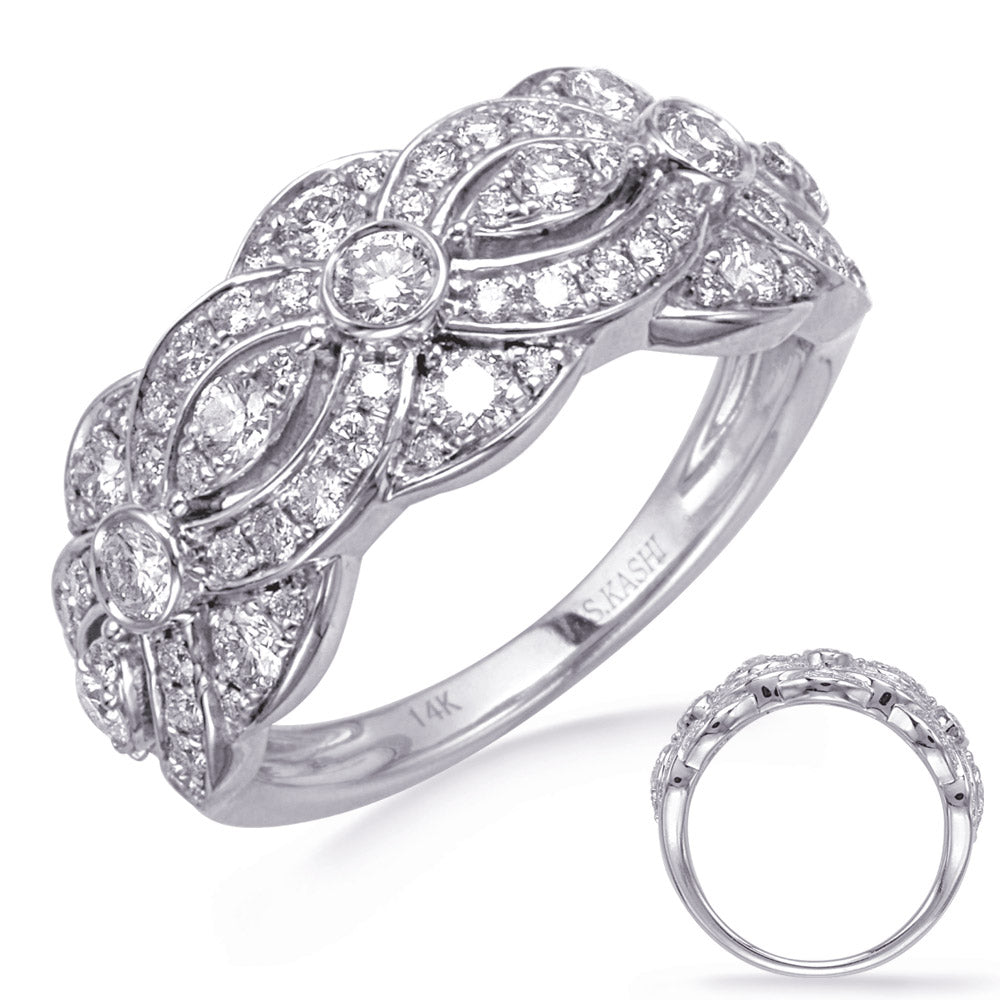 This Fashion Ring is available in 14K White Gold. There are a total of 69 stones. There are Rounds with a total carat weight of 1 set in a Bezel Set|Micro Pave setting.