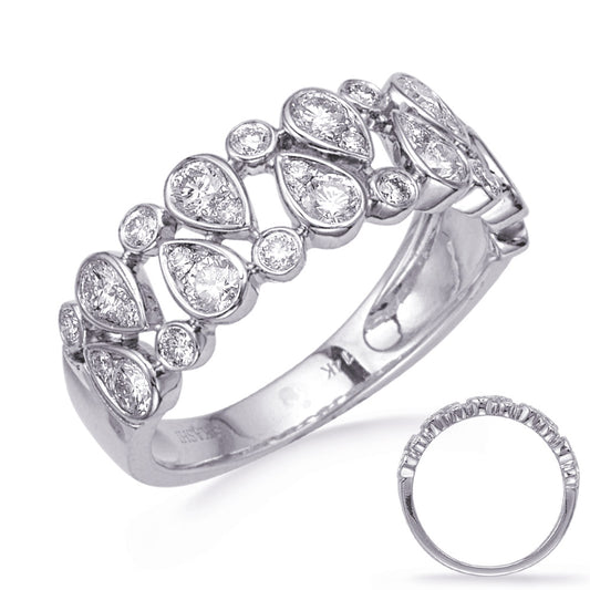 This Fashion Ring is available in 14K White Gold. There are a total of 30 stones. There are Rounds with a total carat weight of 0.8 set in a Bezel Set|Channel Set|Micro Pave setting.