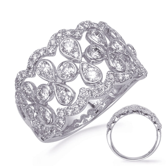 This Fashion Ring is available in 14K White Gold. There are a total of 88 stones. There are Rounds with a total carat weight of 1.22 set in a Bezel Set|Channel Set|Micro Pave setting.