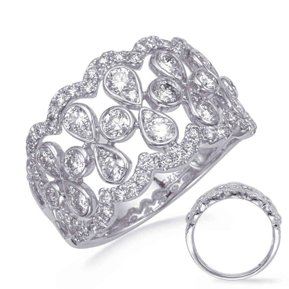 This Fashion Ring is available in 14K White Gold. There are a total of 88 stones. There are Rounds with a total carat weight of 1.22 set in a Bezel Set|Channel Set|Micro Pave setting.