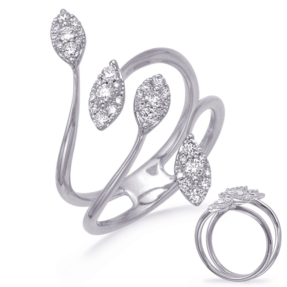 This Fashion Ring is available in 14K White Gold. There are a total of 36 stones. There are Rounds with a total carat weight of 0.41 set in a Micro Pave|Prong Set|Shared Prongs setting.