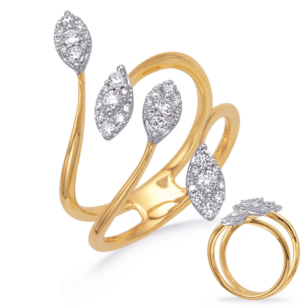This Fashion Ring is available in 14K Yellow & White Gold. There are a total of 36 stones. There are Rounds with a total carat weight of 0.41 set in a Micro Pave|Prong Set|Shared Prongs setting.