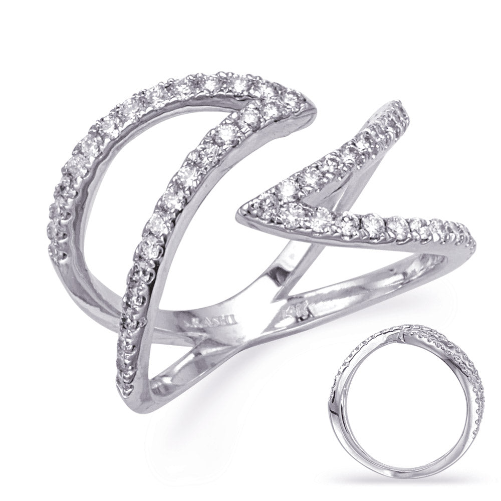 This Fashion Ring is available in 14K White Gold. There are a total of 56 stones. There are Rounds with a total carat weight of 0.54 set in a Prong Set setting.
