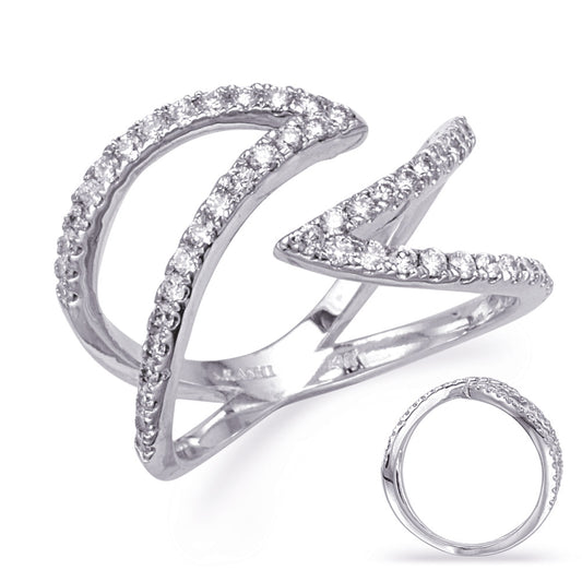 This Fashion Ring is available in 14K White Gold. There are a total of 56 stones. There are Rounds with a total carat weight of 0.54 set in a Prong Set setting.