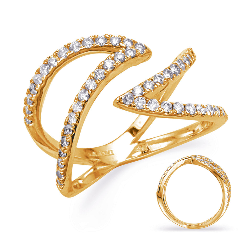 This Fashion Ring is available in 14K Yellow Gold. There are a total of 56 stones. There are Rounds with a total carat weight of 0.54 set in a Prong Set setting.