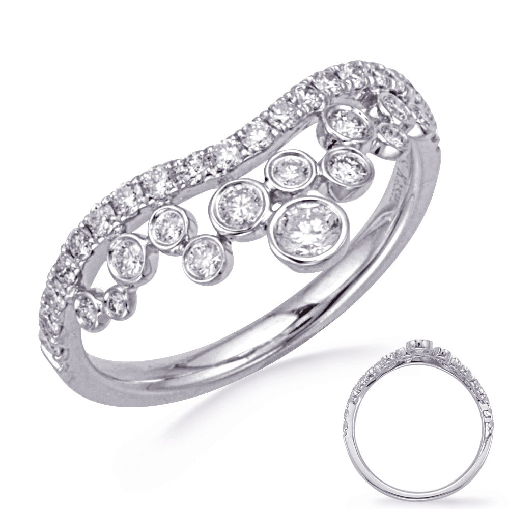 This Fashion Ring is available in 14K White Gold. There are a total of 33 stones. There are Rounds with a total carat weight of 0.58 set in a Micro Prong setting.