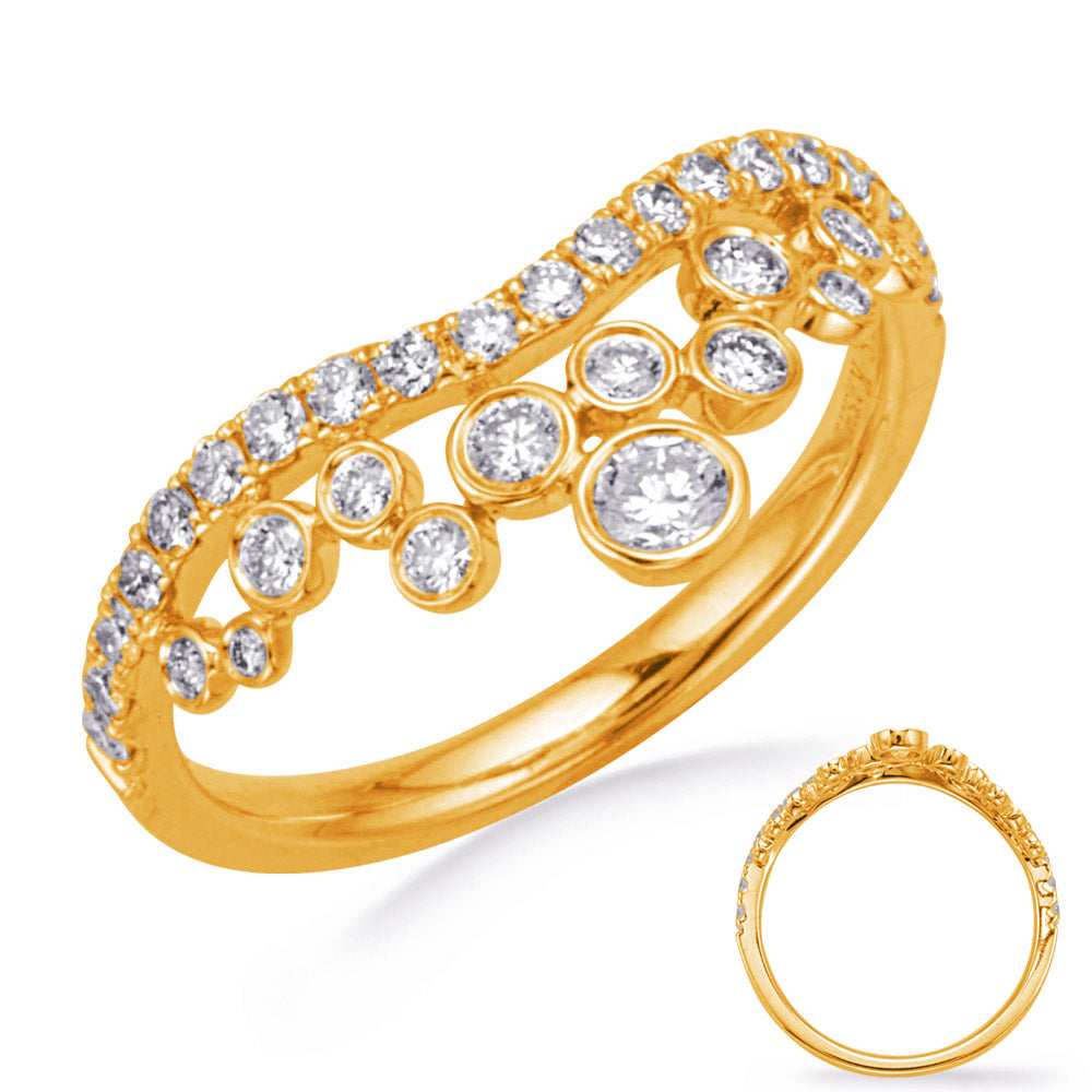 This Fashion Ring is available in 14K Yellow Gold. There are a total of 33 stones. There are Rounds with a total carat weight of 0.58 set in a Micro Prong setting.