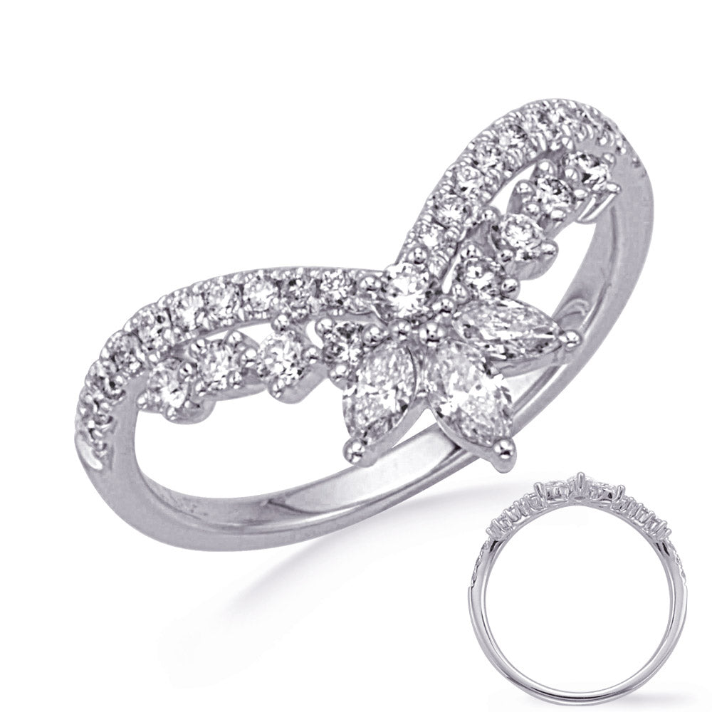 This Fashion Ring is available in 14K White Gold. There are a total of 32 stones. There are Marquise with a total carat weight of 0.2 set in a Micro Prong setting.There are Rounds stones with a total carat weight of 0.42 set in a Micro Prong.