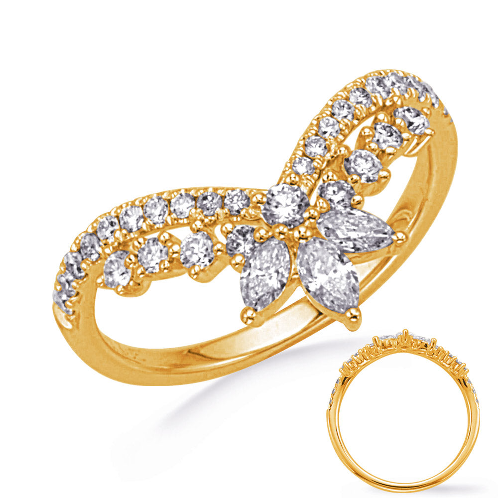 This Fashion Ring is available in 14K Yellow Gold. There are a total of 32 stones. There are Marquise with a total carat weight of 0.2 set in a Micro Prong setting.There are Rounds stones with a total carat weight of 0.42 set in a Micro Prong.