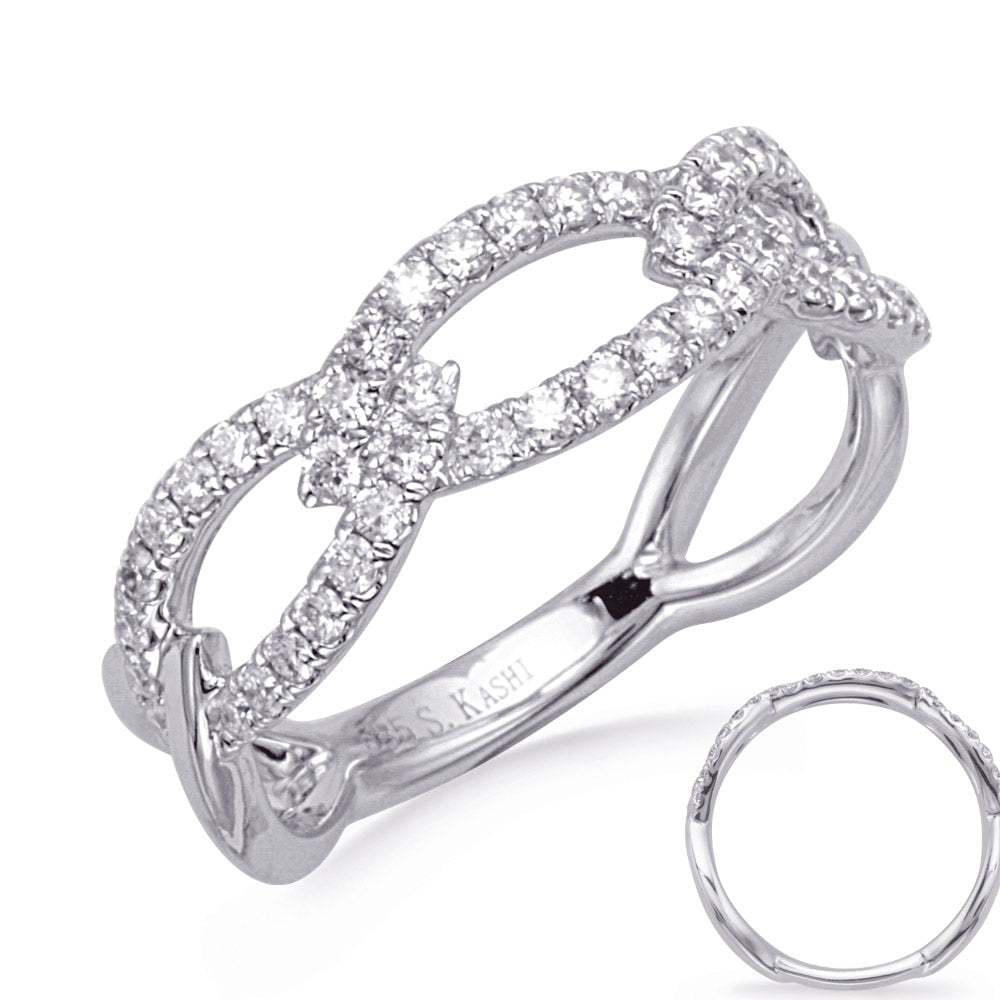 This Fashion Ring is available in 14K White Gold. There are a total of 48 stones. There are Rounds with a total carat weight of 0.51 set in a Prong Set setting.