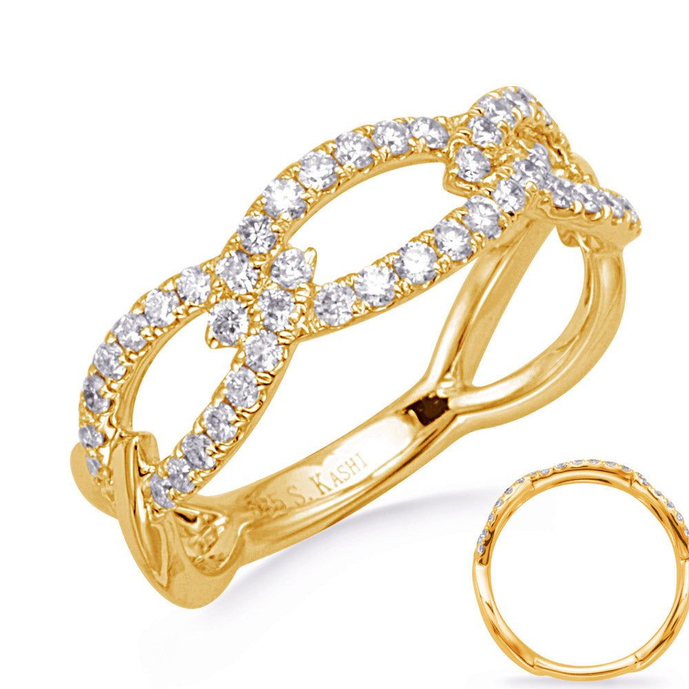 This Fashion Ring is available in 14K Yellow Gold. There are a total of 48 stones. There are Rounds with a total carat weight of 0.51 set in a Prong Set setting.