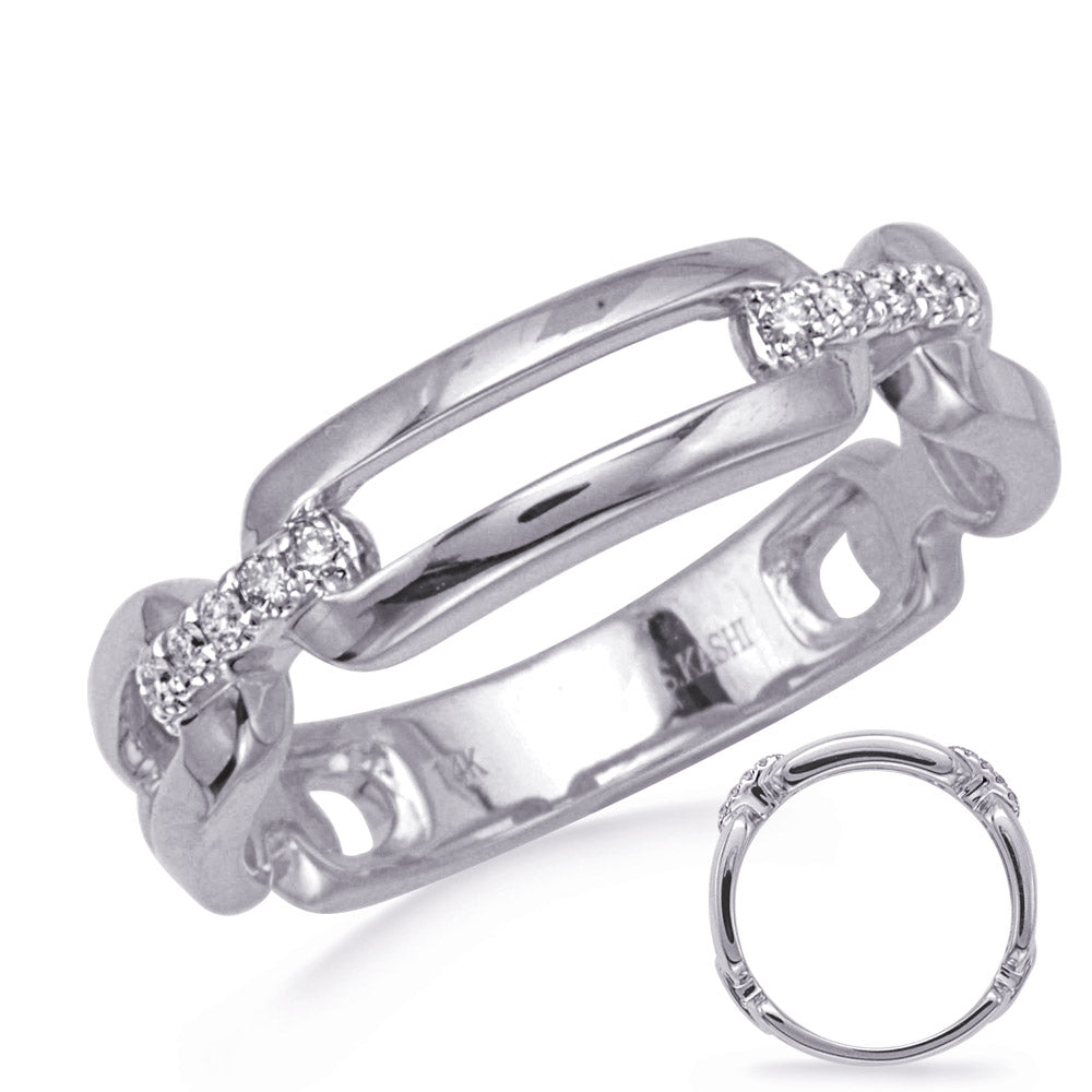This Fashion Ring is available in 14K White Gold. There are a total of 12 stones. There are Rounds with a total carat weight of 0.08 set in a Micro Prong setting.