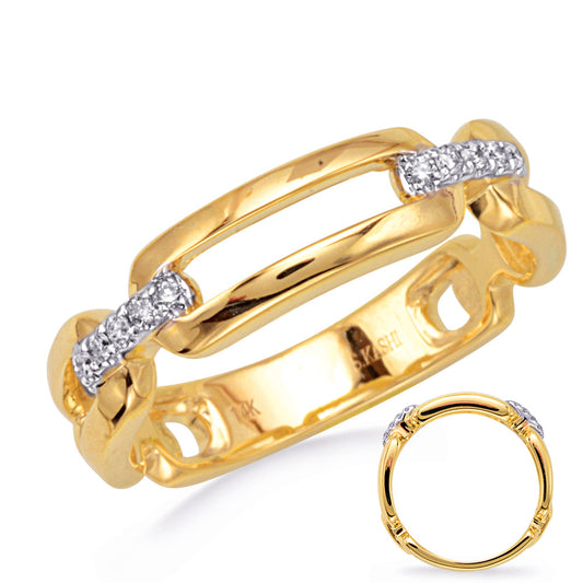 This Fashion Ring is available in 14K Yellow Gold. There are a total of 12 stones. There are Rounds with a total carat weight of 0.08 set in a Micro Prong setting.