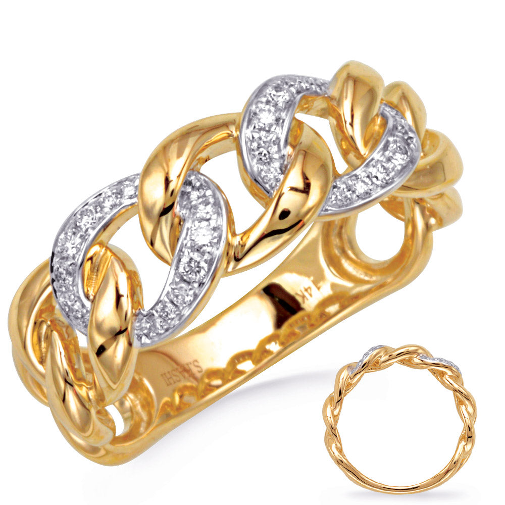 This Fashion Ring is available in 14K Yellow Gold. There are a total of 28 stones. There are Rounds with a total carat weight of 0.19 set in a Prong Set setting.